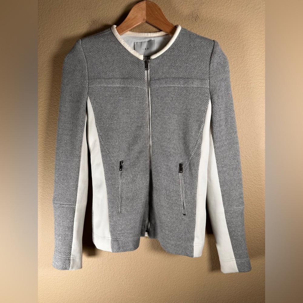 IRO Clever Gray and White Collarless Blazer.100% lambskin leather trim.
